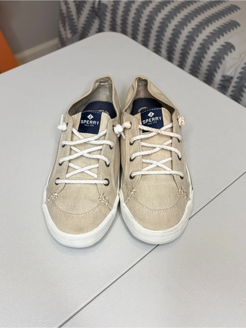 Sperry Beige Canvas Boat Shoes with White Soles 8